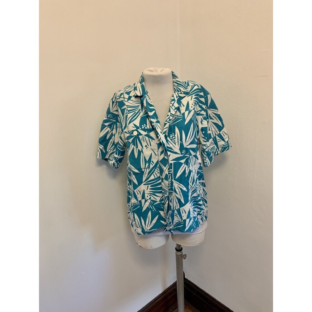 Jones New York Button Up 100% Silk Shirt VTG 90s 10 Blue Floral Hawaiian Short S
